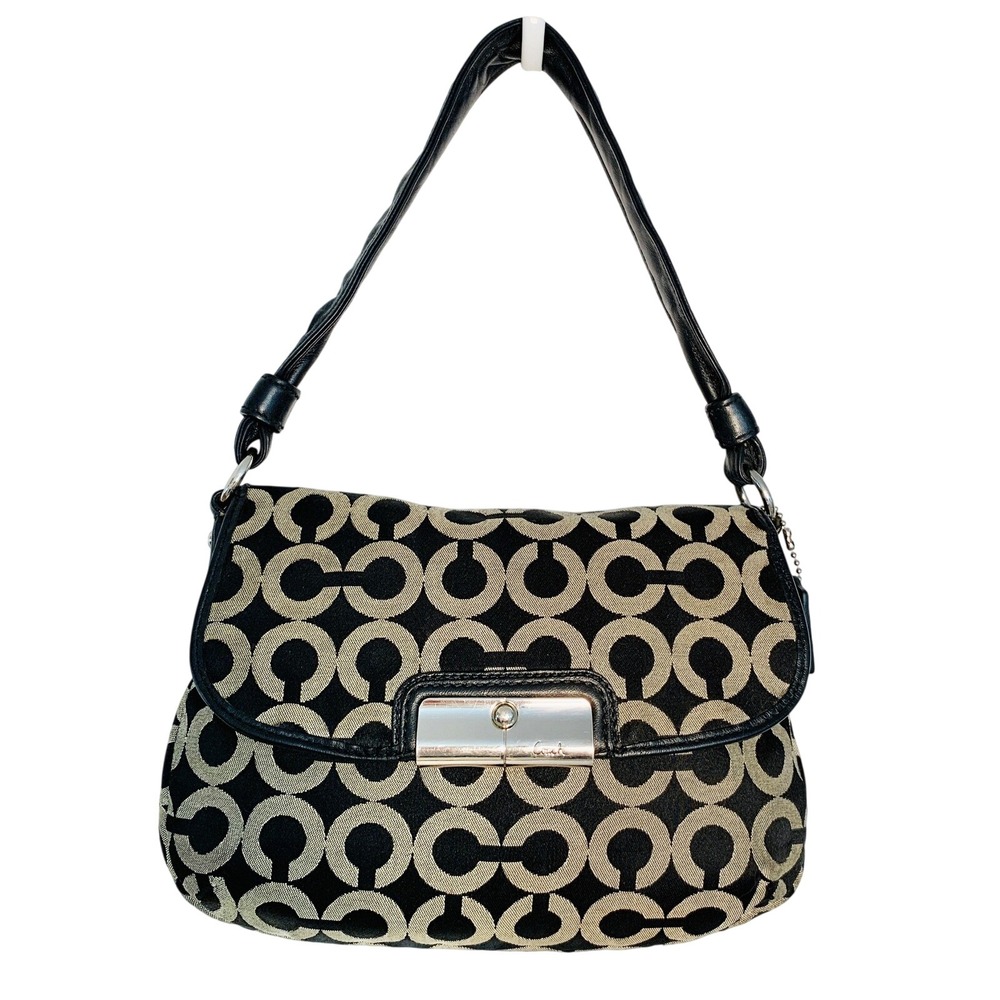 Authentic Coach Kristin "C" Opt Art Canvas Black & Beige Satchel Handbag / Small